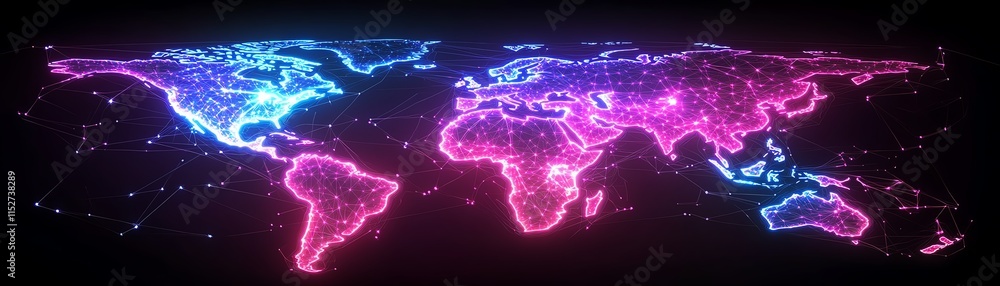 Poster a digital world map with luminous data streams and network nodes