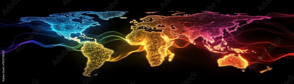 Poster a digital world map with luminous data streams and network nodes
