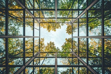 abstract green forest seen through the glass ceiling of a modern building, an eco-friendly architecture concept with copy space
