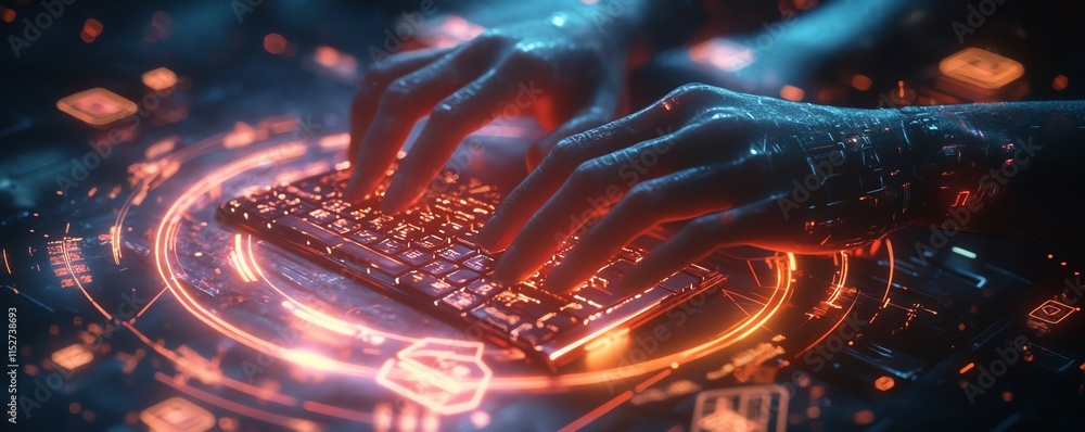 Poster a futuristic concept with hands typing on a glowing keyboard