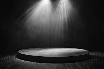 stage with spotlight for product display presentation background. Web banner with copyspace on the right side, black color scheme