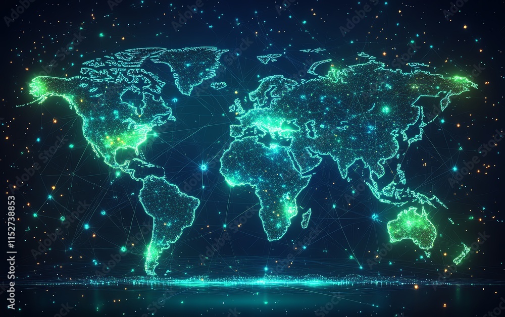 Poster a futuristic digital world map with glowing data connections and network nodes