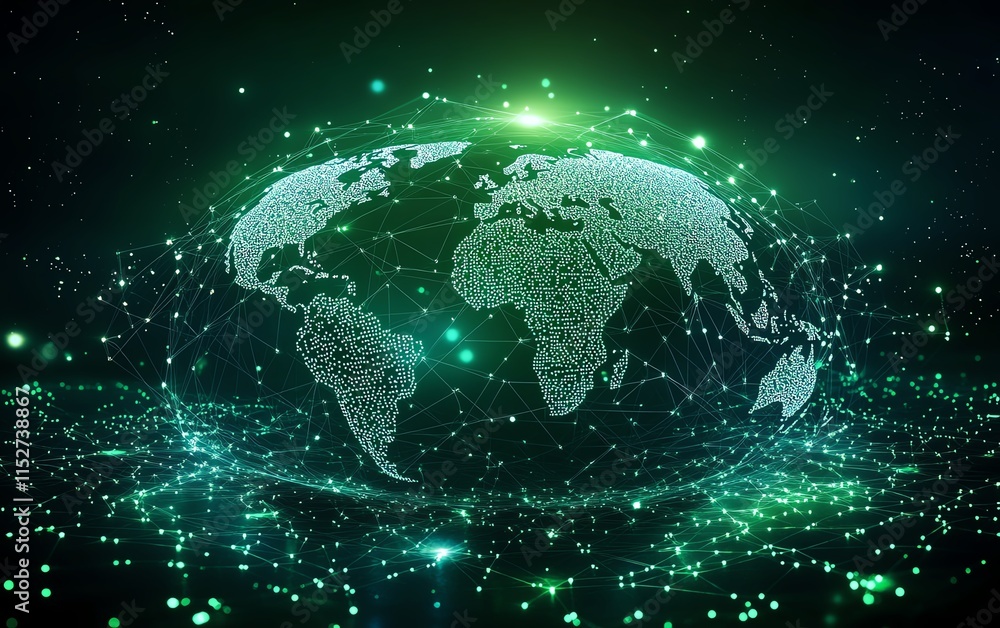 Poster a futuristic digital world map with glowing data connections and network nodes