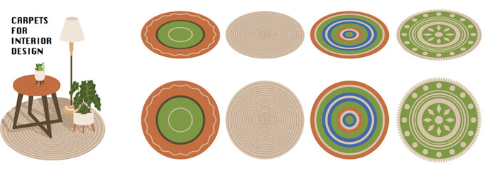 8 round rugs with different designs to create interior compositions. Floor covering for a cozy home. Top view and isometric view. Vector illustration isolated on a transparent background.