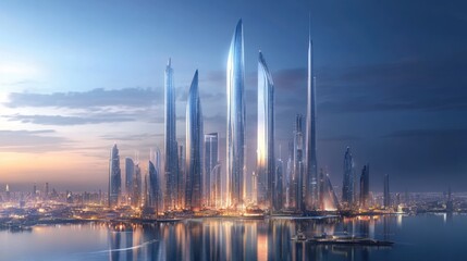 Fototapeta premium A futuristic skyline featuring tall, illuminated skyscrapers at dusk.