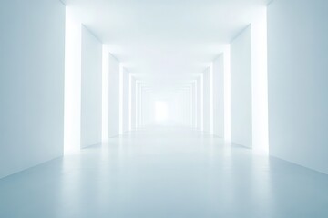 Bright, minimalist white corridor with glowing light at the end.