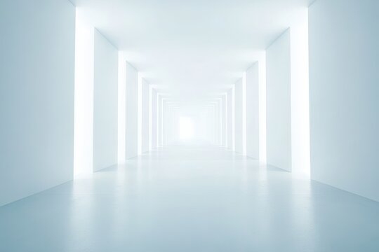 Bright, minimalist white corridor with glowing light at the end.