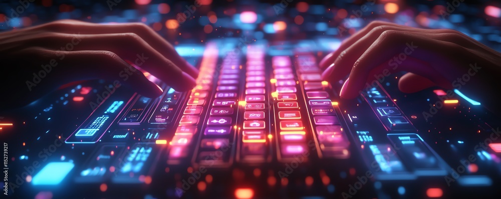 Poster a hightech 3d render of hands typing on a glowing keyboard with floating