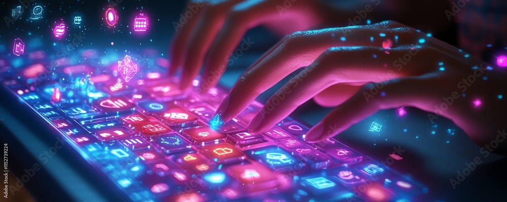 Poster a hightech 3d render of hands typing on a glowing keyboard with floating
