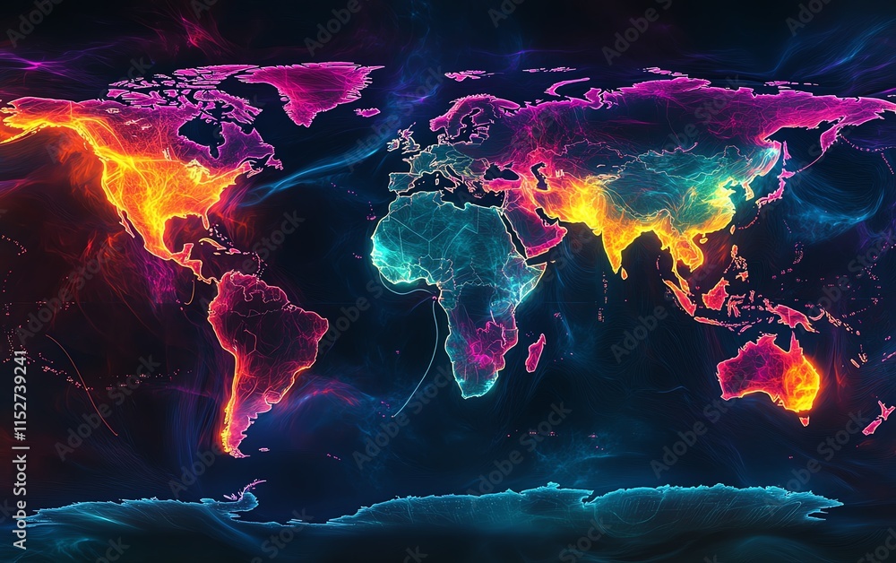 Aufkleber a hightech digital map of the world with glowing lines of data connections and network nodes