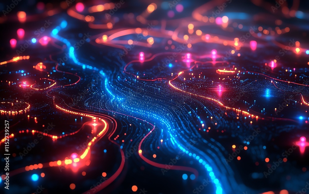 Aufkleber a hightech digital map of the world with glowing lines of data connections and network nodes