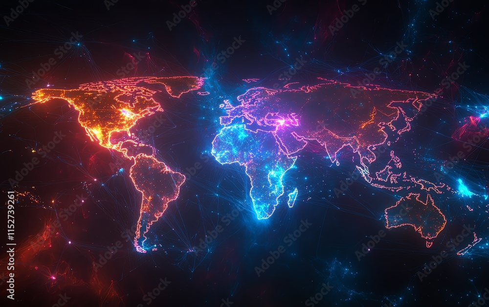 Aufkleber a hightech digital map of the world with glowing lines of data connections and network nodes