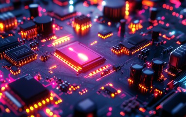 Obraz premium A hyperdetailed 3D render of futuristic technology with glowing components, integrated into a cuttingedge hightech environment, vibrant neon colors, ultraHD, cinematic lighting