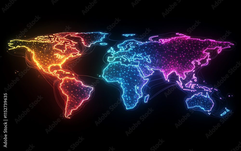 Poster a modern digital world map with glowing data links and network nodes