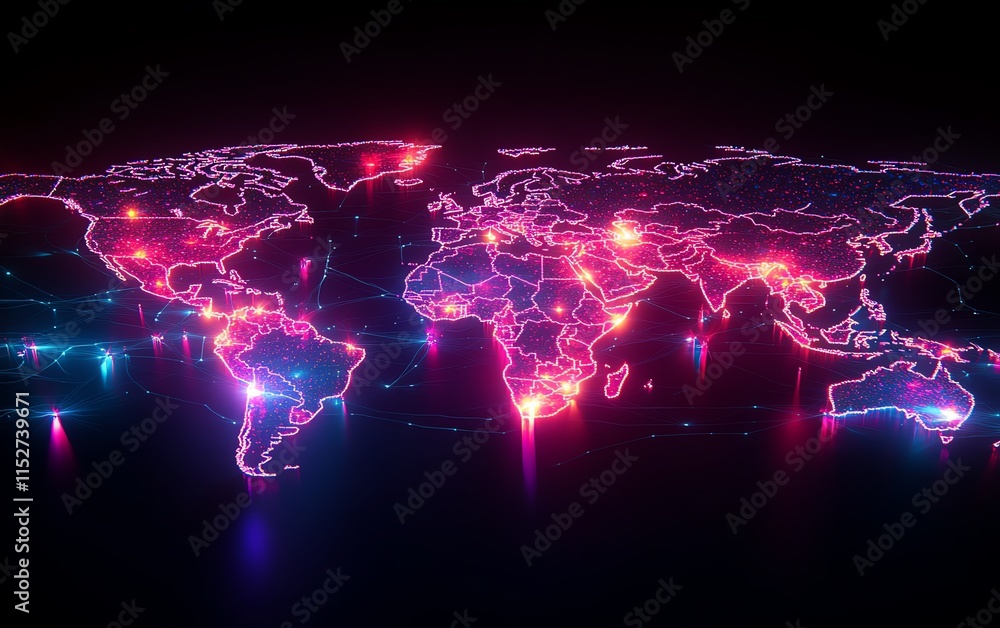 Poster a modern digital world map with glowing data links and network nodes