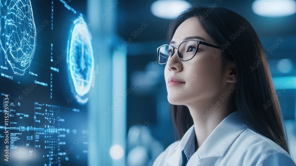 Poster female scientist in lab coat analyzes advanced data on transparent screen with futuristic graphics a