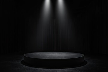 stage with spotlight for product display presentation background. Web banner with copyspace on the right side, black color scheme
