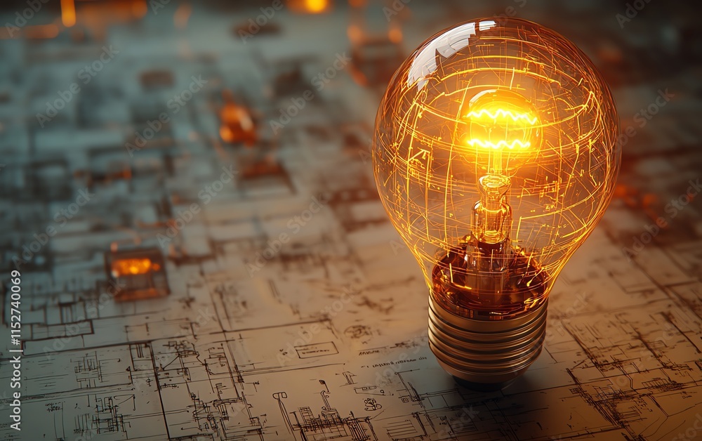 Poster a retro concept showcasing a glowing light bulb placed over intricate technical diagrams and enginee