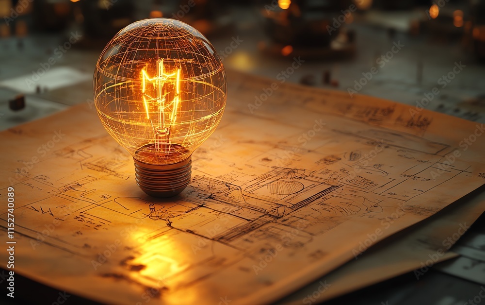 Poster a retro concept showcasing a glowing light bulb placed over intricate technical diagrams and enginee