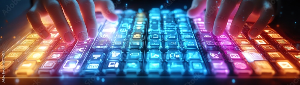 Poster a sleek 3d design showing hands typing on a glowing keyboard