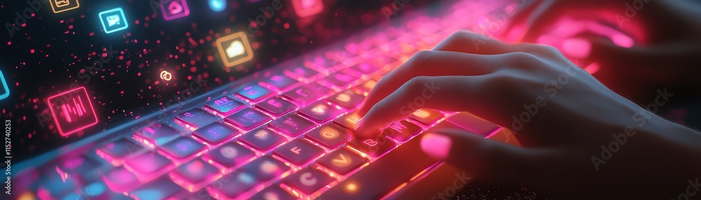 Aufkleber a sleek 3d design showing hands typing on a glowing keyboard