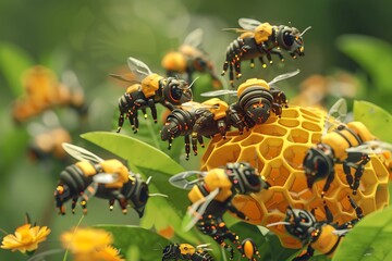 A digital artwork showcasing numerous robotic bees interacting with a honeycomb and flowers. The bees are highly detailed, seemingly metallic with glowing accents, mimicking natural bee behavior.