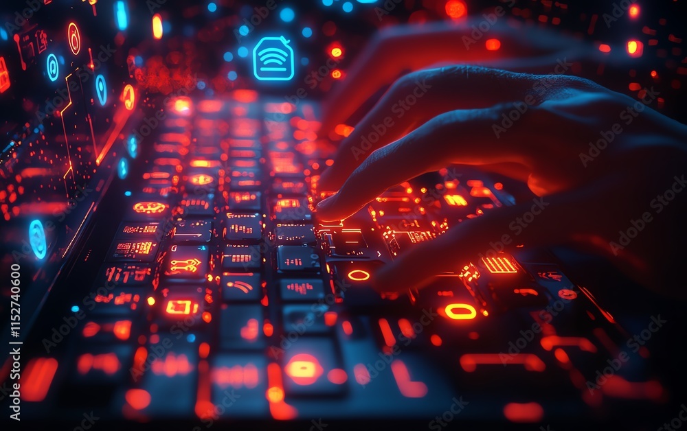 Poster a stunning visual of hands on a glowing keyboard with colorful digital icons like wifi