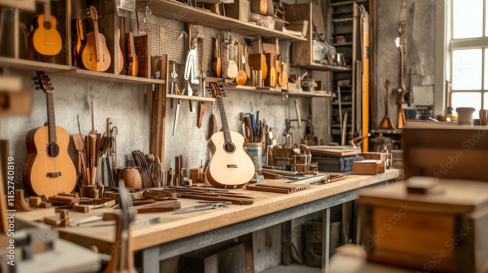 Leinwandbilder a detailed corner in a workshop with tools for handcrafting musical instruments, including luthier t