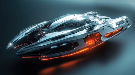 A futuristic spaceship design with sleek lines and glowing elements, suggesting advanced technology.