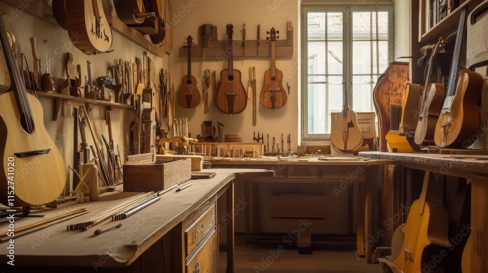 Poster A detailed corner in a workshop with tools for handcrafting musical instruments, including luthier tools and unfinished instruments
