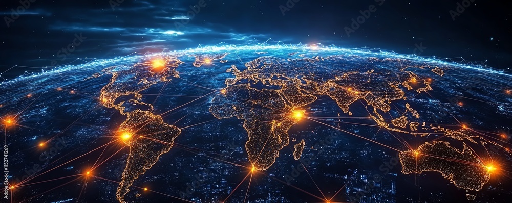 Poster an immersive 3d digital world map with glowing data connections and network nodes