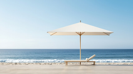 Relaxing sun lounger under large umbrella by ocean