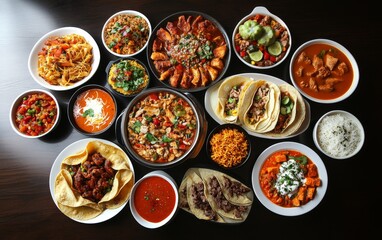 Diverse array of international cuisine dishes, including Mexican, Indian and Asian-inspired meals, served in bowls and plates on a dark wood surface.