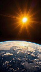 Bright sun shining over the Earth's atmosphere, illuminating the cloud formations and the planet's curvature, a beautiful view from space