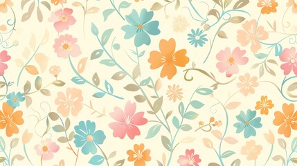 A floral pattern with pink, orange and blue flowers on a cream background.