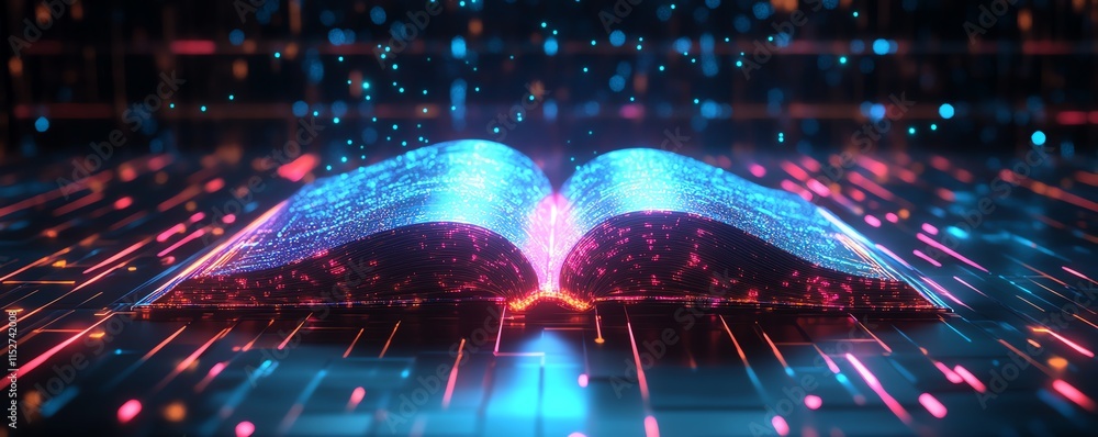 Poster a colorful digital book with neon light trails emanating from its open pages