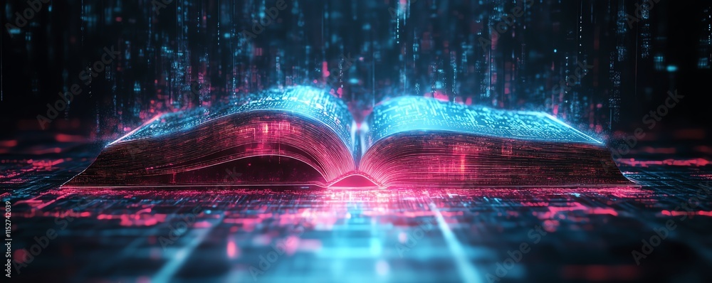 Poster a colorful digital book with neon light trails emanating from its open pages