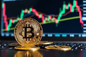 Bitcoin Cryptocurrency Gold Coins On Laptop With Stock Market Chart