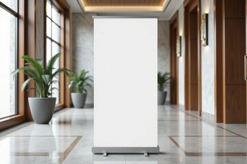 Blank retractable banner stands in a modern hallway