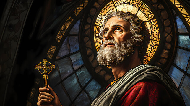 A magnificent stained glass artwork of saint peter, depicted holding the keys of heaven, with a golden halo encircling his head,. Aureole. Illustration