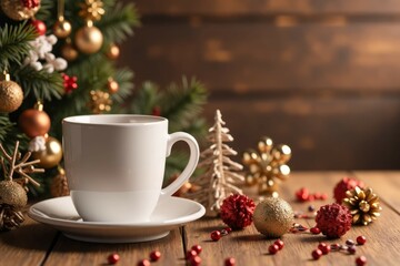 Fototapeta premium Christmas Coffee Mug Beside Decorated Tree