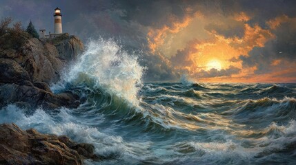 Lighthouse Sunset Seascape: Dramatic Coastal Scene at Golden Hour