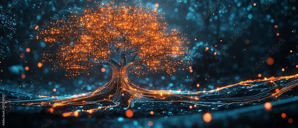 Poster a futuristic digital tree representing the connection between technology and nature, with glowing da