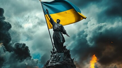 Statue raising its fist defiantly against a waving Ukrainian national flag on scorched battlefield as a storm rages behind it. Conveys victory, defiance and patriotism.