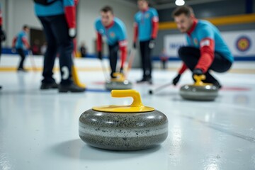 Curling Stone Focussed Players Blurred Background