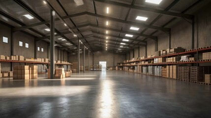 Obraz premium A clean, well-lit warehouse with spacious aisles and labeled sections for different categories of goods