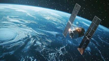 A cinematic perspective of a defunct satellite breaking apart in orbit, surrounded by tiny debris particles, with the blue and green Earth filling the horizon.