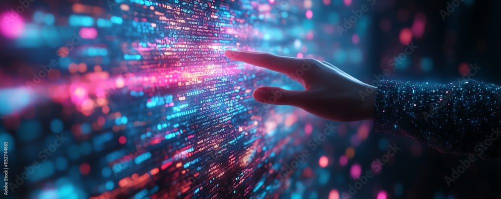 Poster a hand extending toward a digital screen filled with flowing code and data
