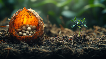 Close-up of seed formation, germination, and early growth in fertile earth.