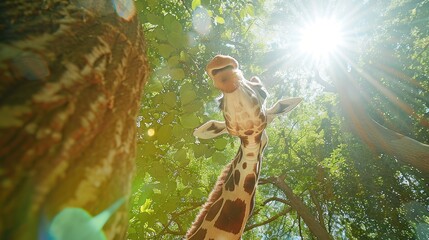 Obraz premium Low angle of a giraffe reaching up for leaves against a bright sky.